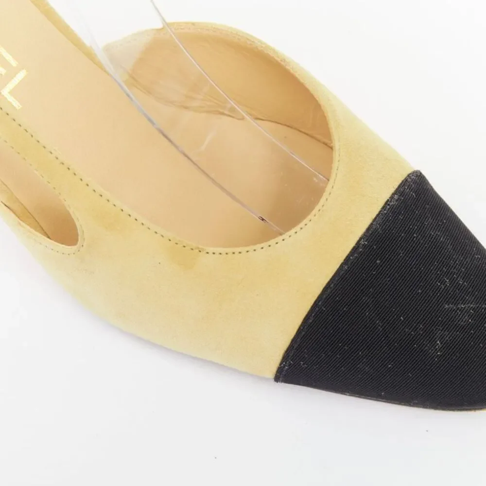 Chanel Beige Suede Grosgrain Cap Toe Slingback Pumps